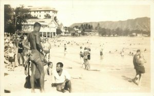 c1934 RPPC Postcard; Waikiki Beach Shoreline Bathers & Hotels Natives & Haoles