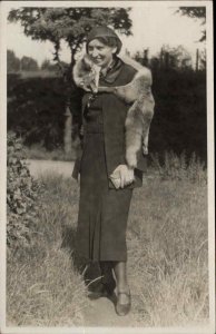 Fashionable Woman Fox Fur Stole Head Attached Real Photo Vintage Postcard