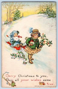 1923 TUCK'S PLAYTIME CHRISTMAS POSTCARD ARTIST H.K.B. CHILDREN SLED TEDDY BEAR