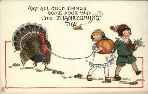 Tuck Thanksgiving Children Boy and Girl Lead Turkey c1910 Vintage Postcard