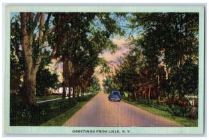 c1940 Greetings From Classic Cars Road Lisle New York Vintage Antique Postcard