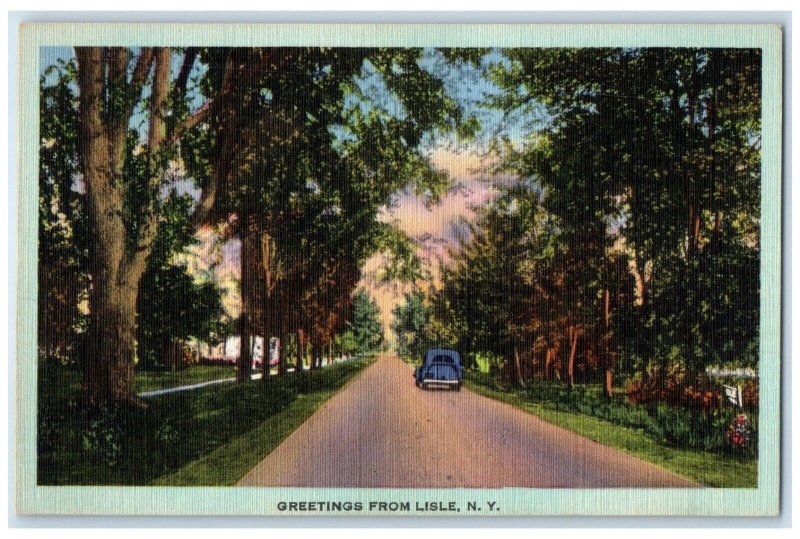 c1940 Greetings From Classic Cars Road Lisle New York Vintage Antique Postcard