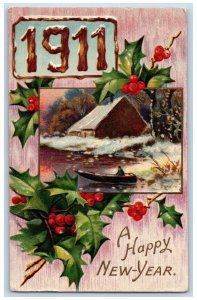 Los Angeles CA Postcard New Year Holly Berries Winter Boat Scene Embossed 1911