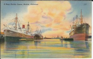 BA-018 - A Busy Harbor Scene, Mobile, AL, 1930's-1950's Linen Postcard Ships