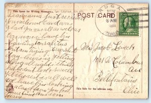 1911 Halloween Greetings Couple Bat Crescent Moon DPO Grogan OH Antique Postcard