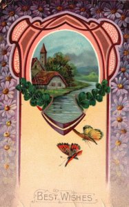 Best Wishes Landscape House Near River Flower Petals Border Vintage Postcard