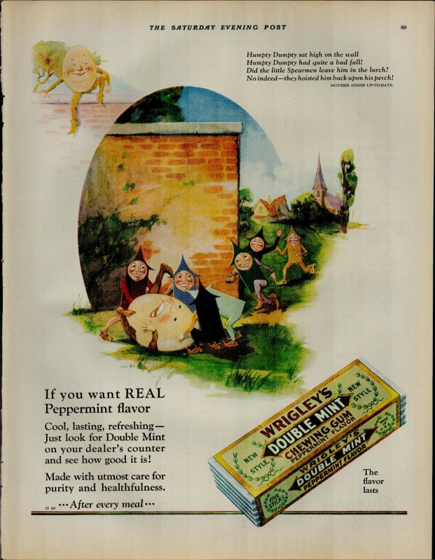 1927 Wrigley's Double Mint Gum Humpty Dumpty Vintage Print Ad 3901