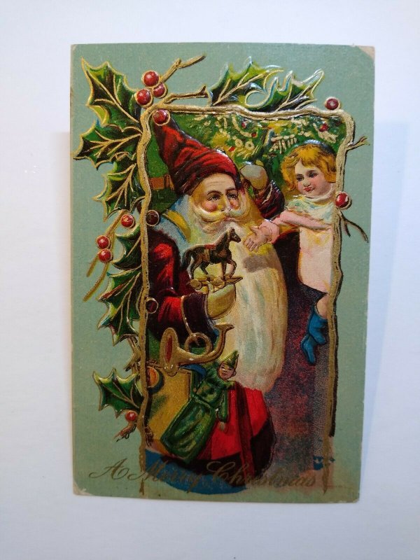 Vintage Santa Claus Christmas Postcard Embossed Gel Old World Long Beard Unused 