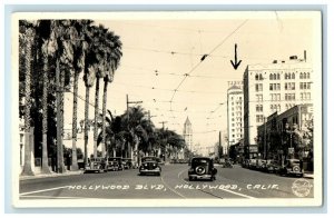 c1940's Hollywood Boulevard  Road Cars Hollywood CA RPPC Photo Frashers Postcard 