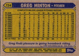 1987 Topps Baseball Card Greg Minton San Francisco Giants sk3390