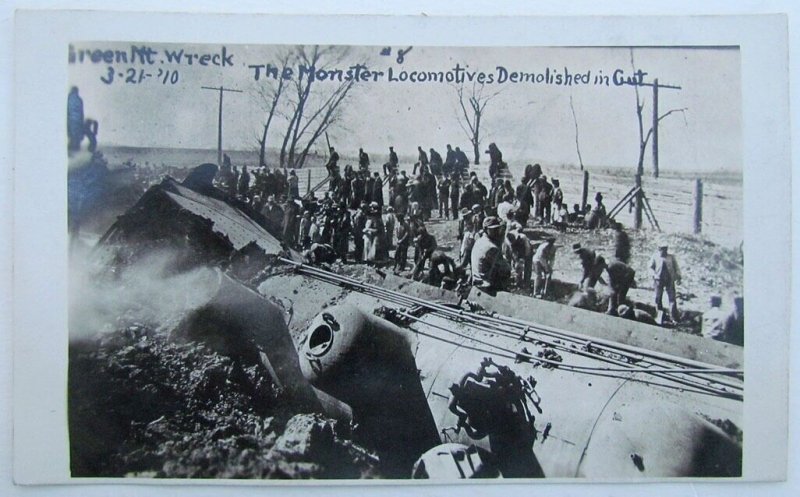 RPPC VINTAGE 1910 PHOTO POSTCARD IOWA GREEN MT. WRECK LOCOMOTIVES railroad train