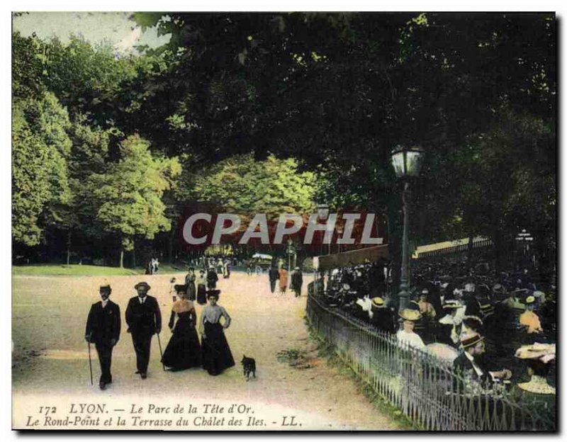 Old Postcard Lyon's Tete d'Or Park The roundabout and the Terrace of the Chal...