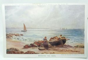 Woman Mending The Nets Fisherman in Boat Vintage Art Painting Postcard  A Young