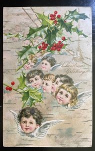 Vintage Victorian Postcard 1901-1910 Christmas Greetings Angel Faces with Holly