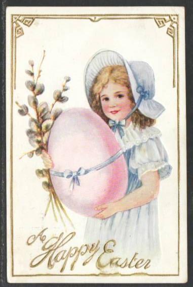 Happy Easter Girl Hat Egg Flowers Postcard 4462