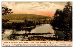 1907 Bend in Souhegan River, Showing Golf Links, Milford, NH Postcard