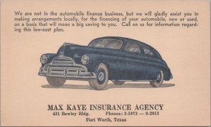 Advertising Postcard Max Kaye Insurance Agency Fort Worth Texas Financing Car