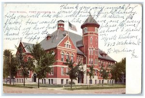 1906 High School Building Clock Tower Fort Madison Iowa IA Antique Postcard