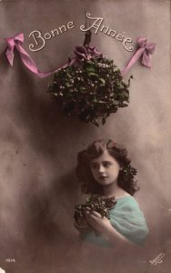 Happy New Year Victorian Style Pretty Girl Christmas Branch Vintage RPPC C368