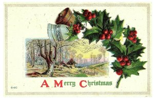 A Merry Christmas Vintage Christmas Embossed Postcard Holly Bells Winter 1918