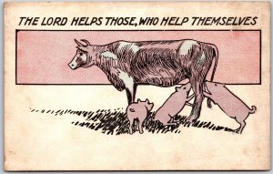 The Lord Helps Those Who Help Themselves Mother Cow & Calf  Postcard