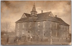 Young Men Students Outside The Campus Building Real Photo RPPC Postcard