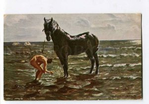 3043995 NUDE BOY Washing HORSE by SEROV Vintage color PC