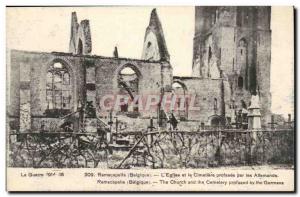 Belgium Ramscapelle Postcard Old l & # 39eglise and cemetery desecrated by Ge...