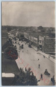 1900s Mystery Busy US Downtown RPPC Parade Bull Durham Tobacco Sign Main St A111