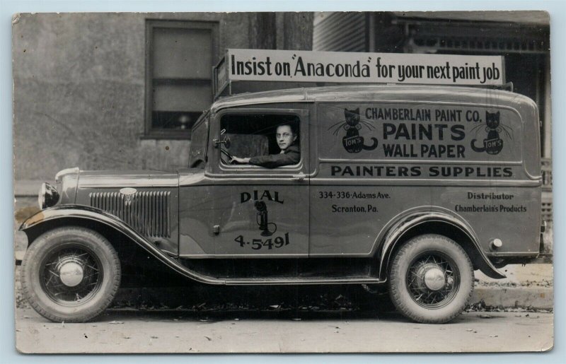Postcard PA Scranton Chamberlain Paint Co 1930s Delivery Van Ad Anaconda RPPC M8