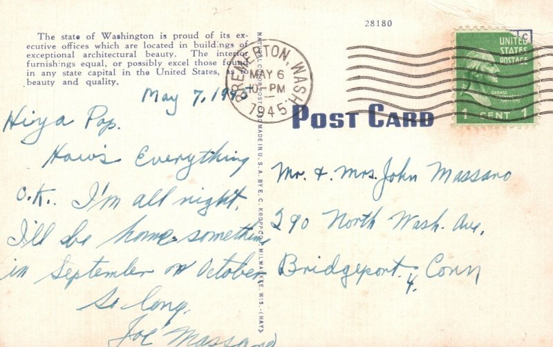 Vintage Postcard 1945 State Capitol Building Landmark Olympia Washington WA