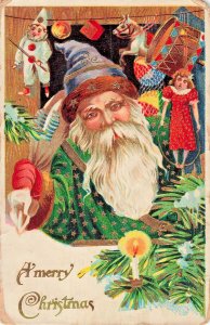 GREEN SUIT-PURPLE HAT SANTA~PUPPET-JESTER~1913 MERRY CHRISTMAS POSTCARD
