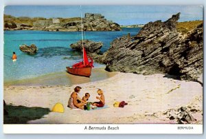 Bermuda Postcard Beach Boat Family Picnic in Sand Bathing c1950's Unposted