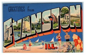 EVANSTON, IL Illinois  ~ LARGE LETTER LINEN  c1950s Cook County Postcard