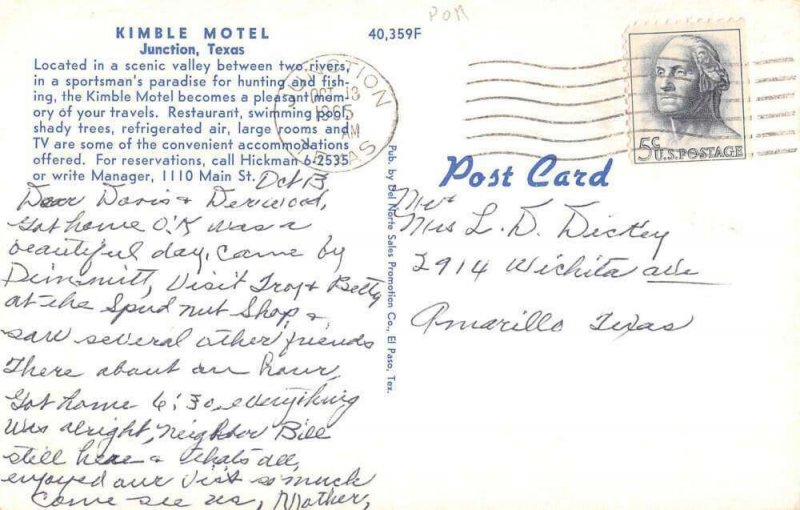 Junction Texas Kimble Motel Vintage Postcard AA40389 