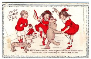 1920s May Your Christmas Be Jolly Children Dancing with Teddy Bear Postcard
