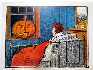 Halloween Postcard Fantasy Man In Bed Gets Spooked By JOL Pumpkin Head 1908