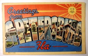 Greetings From St Petersburg Florida Large Big Letter Linen Postcard Beach Town