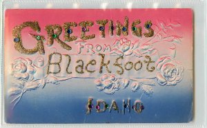 Embossed Airbrushed Postcard Greetings from Blackfoot Idaho ID Glitter & Sequins