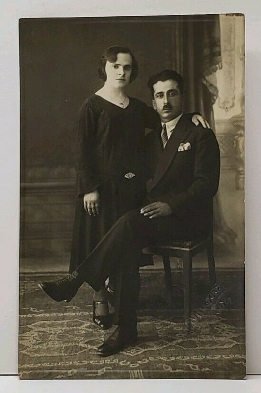 RPPC 1920s European Couple Studio Portrait A Mnaxae Studios Postcard G4