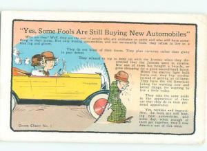 1930's Depression Era Postcard FOOLS ARE STILL BUYING NEW AUTOMOBILES AC4010