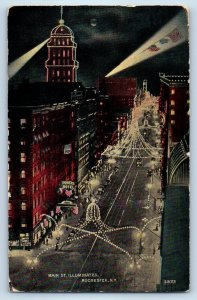 1912 Rochester New York Postcard Main St Illuminated Night Scene Moonlight Road