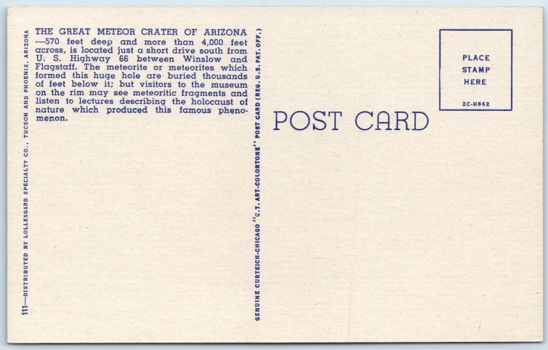 1952 Winslow Flagstaff AZ Great Meteor Crater US Hwy 66 Birds Eye Postcard A244