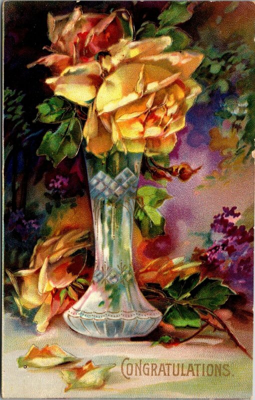 CONGRATULATIONS FLOWER BOUQUET VASE - VINTAGE - POSTCARD 