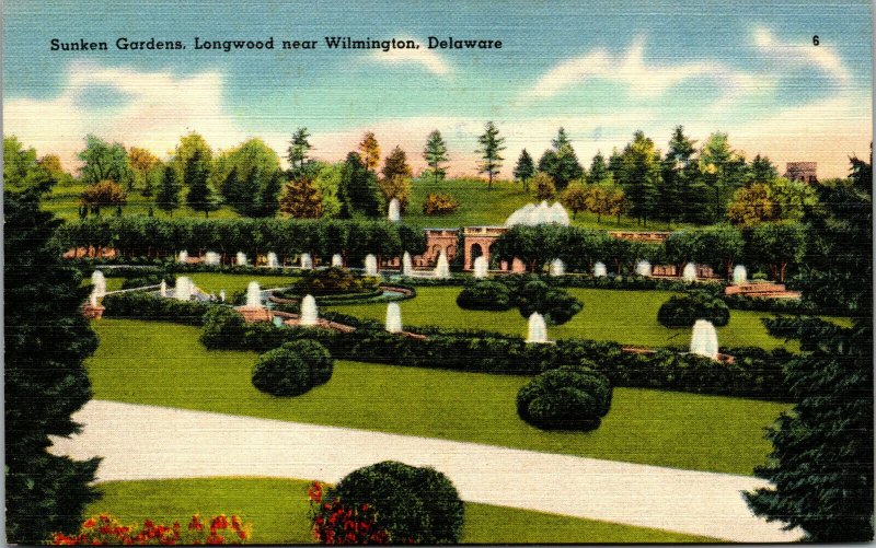 Vtg 1930s Sunken Gardens Longwood Near Wilmington Deleware DE Unused Postcard