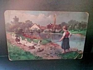 Postcard  Young  Girl & Geese near a Lake