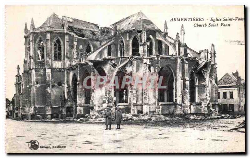 Postcard Old Church St. Armentiers Vaas Cburch Saint Vaast Army