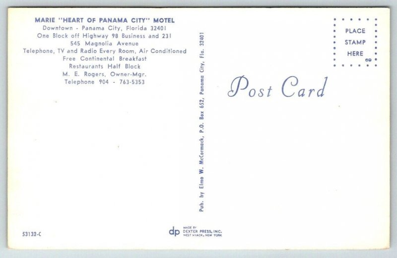 Panama City  Florida  Marie Motel  Postcard