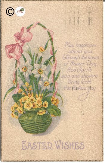 Vintage Postcard Easter Basket with Citrus Yellow Pansies, and White Daffodils