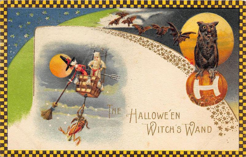 Halloween Flying Witch's Wand Owl Bats Winsch Rare Embossed Postcard